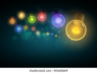 Old style colorful warm bulbs hanging on the bokeh night background. Vector illustration. Copy space. Ideal for Christmas, new year, ramadan or all festive holidays.