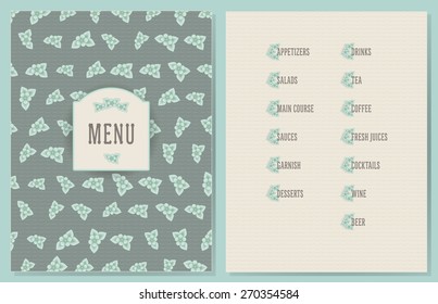 old style decorated menu with flower decorated sections - light green color flowers on vintage green color wave background