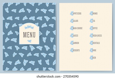 old style decorated menu with flower decorated sections - light blue color flowers on vintage blue color wave background
