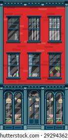 Old style detailed european house with a cafe on the ground floor. Flat style graphics with shadows and glass effects.