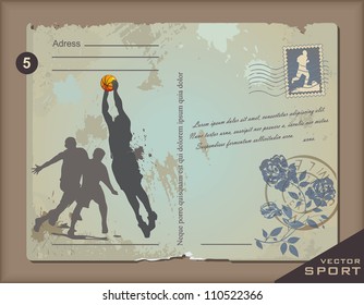 Old style distressed postcards with Basketball Team. Retro decor illustration.