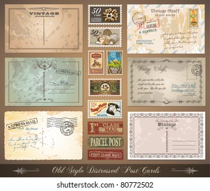 Old style distressed postcards with a lot of post stamps with vintage designs. Rubber stamp and first class mail sticker included.
