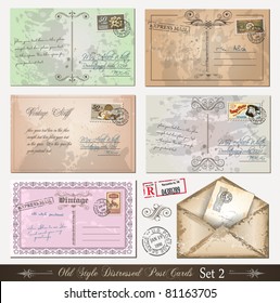 Old style distressed postcards (set 2)with a lot of post stamps with vintage designs. Rubber stamps included.