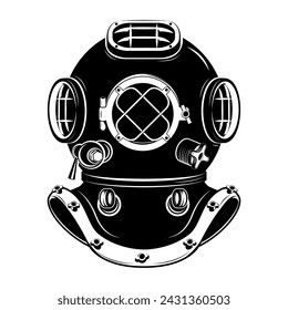 Old style diver helmet isolated on white background. Design element for t-shirt print, poster, emblem. Vector illustration.