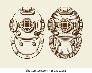 Old style diver helmets with and without engraving style