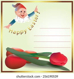 Old style easter card with flowers, eggs and cute little dwarf - Vector illustration. 