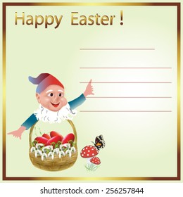 Old style easter card with flowers in the basket and cute little dwarf - Vector illustration. 