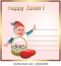 Old style Easter card with flowers in the basket and cute dwarf - Vector illustration. 