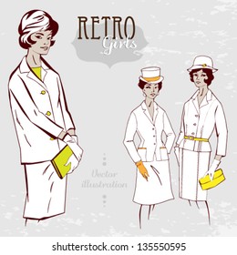 Old style elegance illustration with three fashion girls