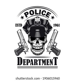Emblema de estilo antiguo con cráneo de policía e ilustración vectorial de pistolas. Insignia monocroma con cabeza muerta de un oficial de policía. El concepto de ley y orden se puede usar para plantillas retro, banner o afiche