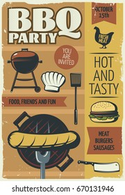 Old style event poster with barbecue symbols hot and tasty with editable text and sausage vector illustration