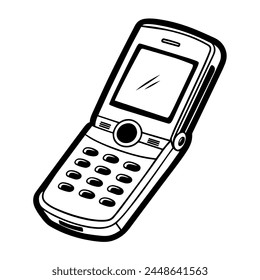 Old style flip mobile phone with buttons. Retro device. Outline style. Vector illustration. Isolated on white.