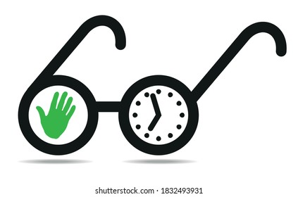 Old style glasses with a hand and a clock in each glass