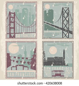 old style grunge vintage retro posters with San Francisco landmarks
