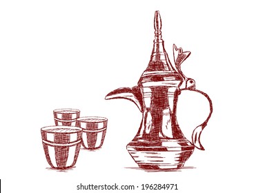 Old Style Hand Drawn Arabic Coffee Pot - Vector Illustration