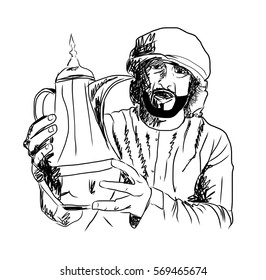 Old Style Hand Drawn Arabic man holding Arabic Coffee Pot. Vector Illustration.