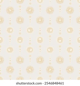 Old style hand drawn gold tones sun moon stars seamless print. Vector illustration perfect for interior, home decoration, textile. Surface pattern design