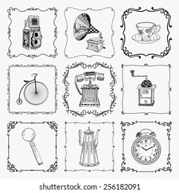 Old Style Hand-Drawn Doodle Icons and Vintage Frames. Vector Illustration. Fully Editable