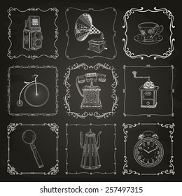 Old Style Hand-Drawn Doodle Icons and Vintage Frames on Chalkboard Texture. Vector Illustration. Chalk Drawing. Objects