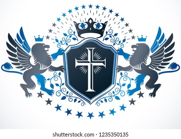 Old style heraldry, heraldic emblem, vector illustration created with mythic gryphon, Christian cross and imperial crown.