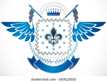 Old style heraldry, heraldic emblem, vector illustration composed using lily flower, monarch crown and stars