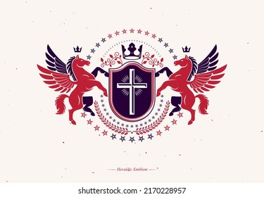 Old style heraldry, heraldic emblem, vector illustration composed using graceful Pegasus, religious cross and laurel wreath.
