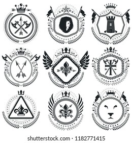 Old style heraldry, heraldic emblems, vector illustrations. Coat of Arms collection, vector set.