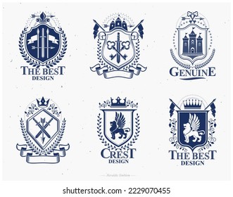 Old style heraldry, heraldic emblems, vector illustrations. Coat of Arms collection, vector set. svg