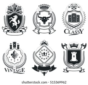 Old style heraldry, heraldic emblems, vector illustrations. Coat of Arms collection, vector set.