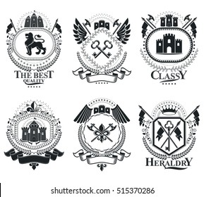 Old style heraldry, heraldic emblems, vector illustrations. Coat of Arms collection, vector set.