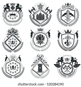 Old style heraldry, heraldic emblems, vector illustrations. Coat of Arms collection, vector set.