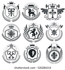 Old style heraldry, heraldic emblems, vector illustrations. Coat of Arms collection, vector set.