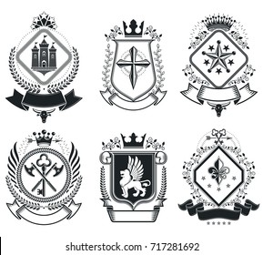Old style heraldry, heraldic emblems, vector illustrations. Coat of Arms collection, vector set.