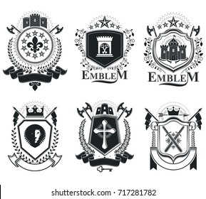 Old style heraldry, heraldic emblems, vector illustrations. Coat of Arms collection, vector set.