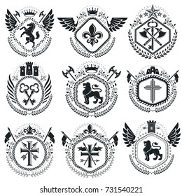 Old style heraldry, heraldic emblems, vector illustrations. Coat of Arms collection, vector set.