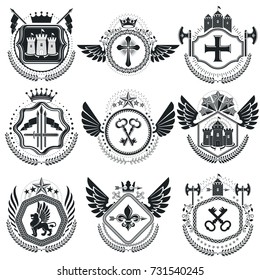 Old style heraldry, heraldic emblems, vector illustrations. Coat of Arms collection, vector set.