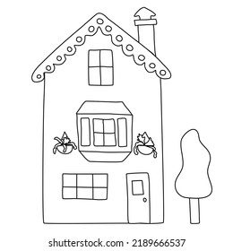 Casa de estilo antiguo con chimenea, decoración de tejado y flores, contorno vectorial plano