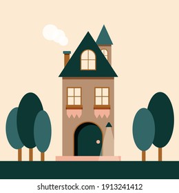 Old style house with small tower. The building is surrounded by trees. Vector.