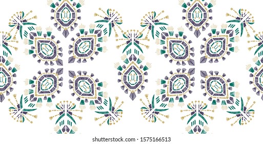 Old style ikat trendy color etnical tribal hand - drawn pattern navajo motif for packing, wallpaper, batik. 
Ikat background - Ethnic folk seamless pattern.