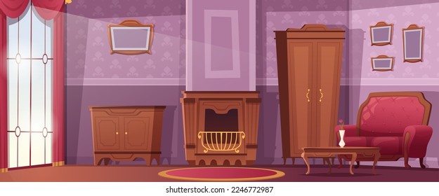 Interior de estilo antiguo. Muebles de época en el interior de la sala de estar fondo de dibujos animados vectoriales exactos