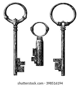 old style key collection . etching vector drawing