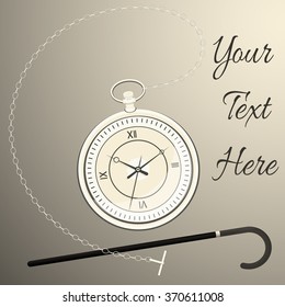 Old style Man accessory, Pocket Watch and Walking Stick, template for greeting cards, banners in retro style.