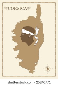 Old style map of corsica with Corsican emblem and compass rose, fully editable vector