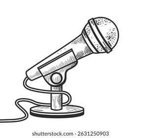 old style microphone drawing on white, retro mic with wire sketch vector illustration