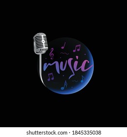 Old style microphone, night, moon and stars. Music themed background vector illustration.