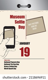 Old style multi-page tear-off calendar for Museum Selfie Day.