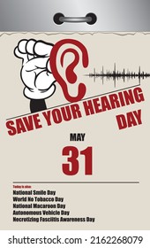 Old style multi-page tear-off calendar for May - National Save Your Hearing Day