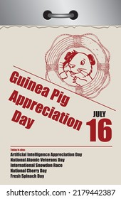 Old style multi-page tear-off calendar for july - Guinea Pig Appreciation Day