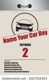 Old style multi-page tear-off calendar for October - Name Your Car Day