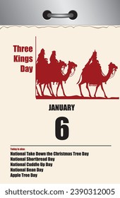 Old style multi-page tear-off calendar for Three Kings Day.